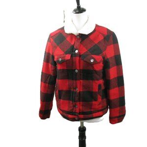 Love Tree Red/Black Buffalo Plaid Sherpa Lined Trucker Jacket Size Small